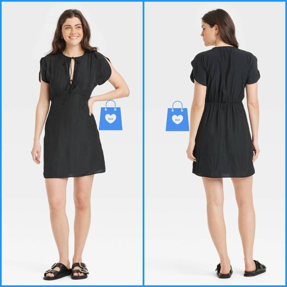 Universal Thread Dresses & Skirts - Small - Womens Tie-Front Flutter Short Sleeve Mini A-Line Dress - Black